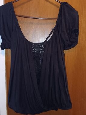 Free People Top Black Crochet Inset And Cross Rope Back Women's Peasant
